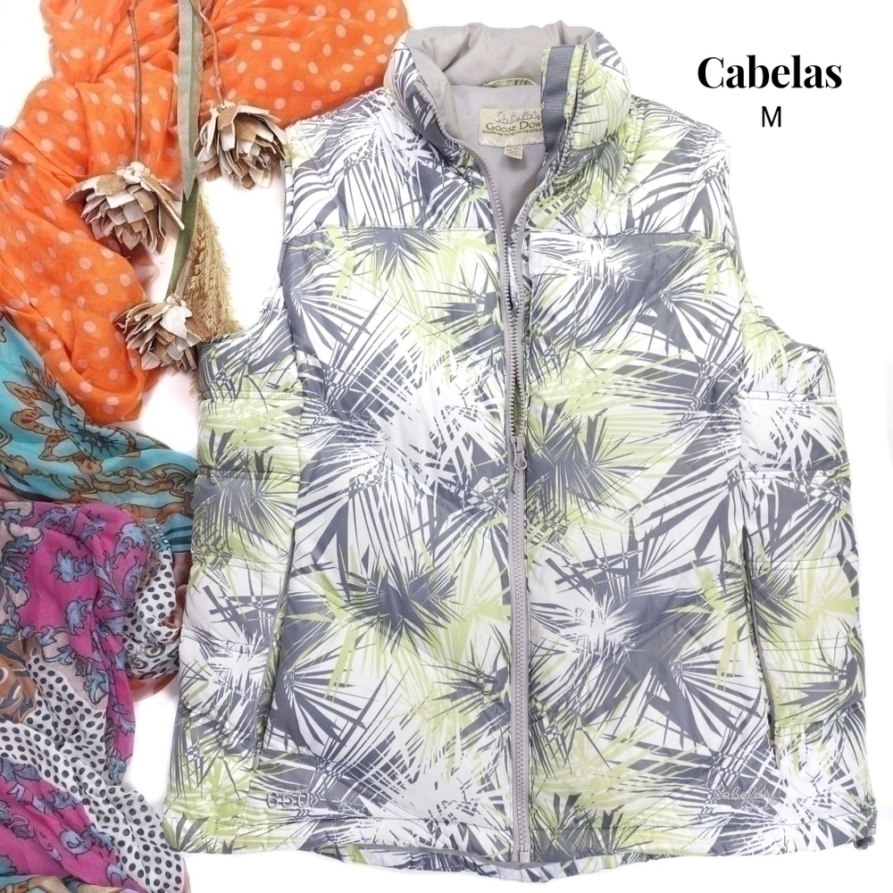 Cabelas Lime White Grey Goose Down Puffer Vest Sz M